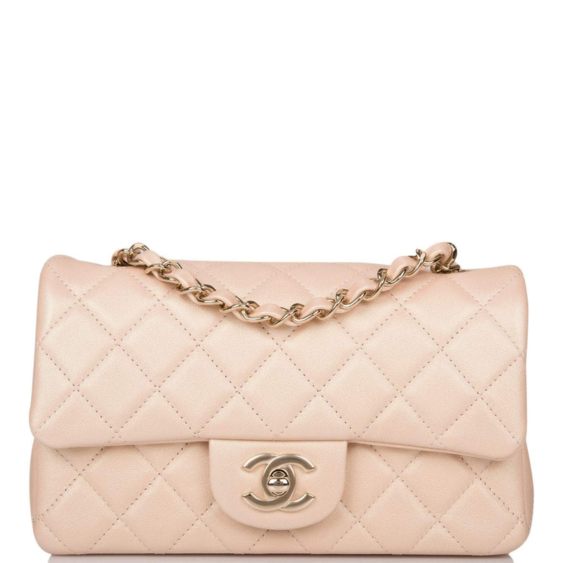 Chanel Beige Iridescent Quilted Lambskin Rectangular Mini Classic Flap Bag Light Gold Hardware