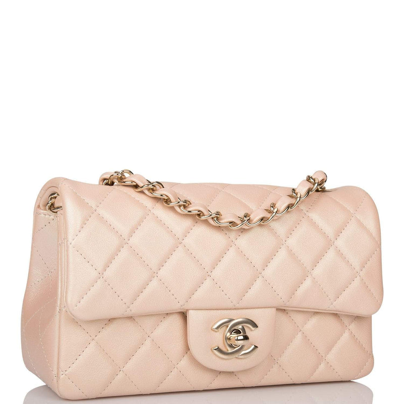 Chanel Beige Iridescent Quilted Lambskin Rectangular Mini Classic Flap Bag Light Gold Hardware