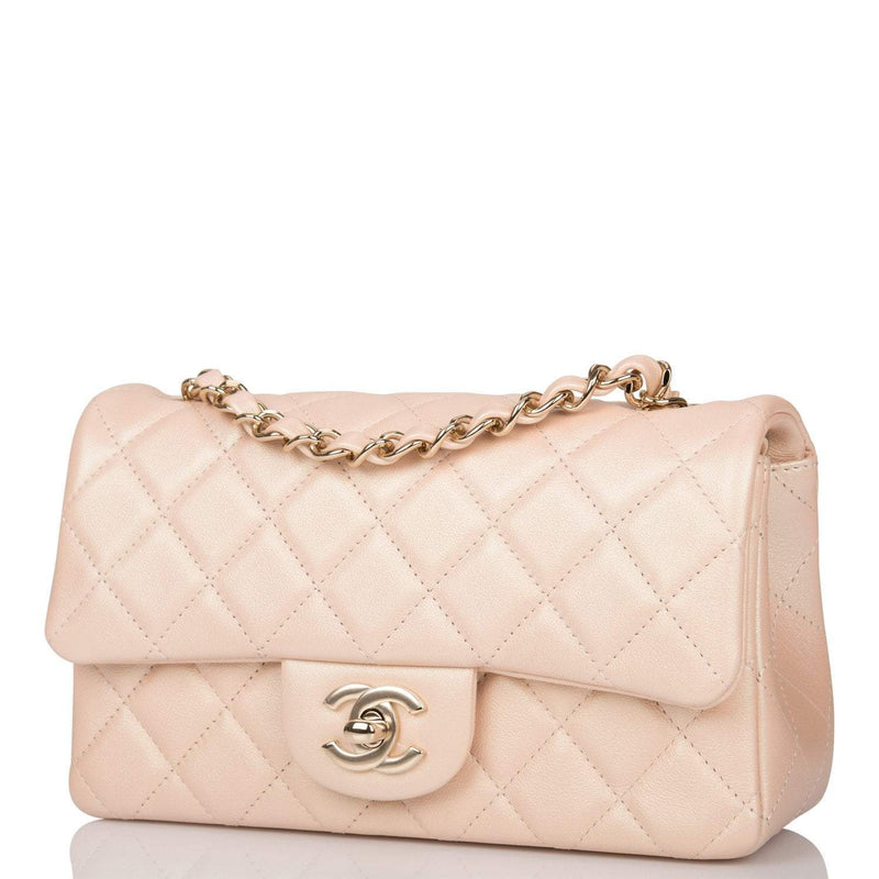 Chanel Beige Iridescent Quilted Lambskin Rectangular Mini Classic Flap Bag Light Gold Hardware