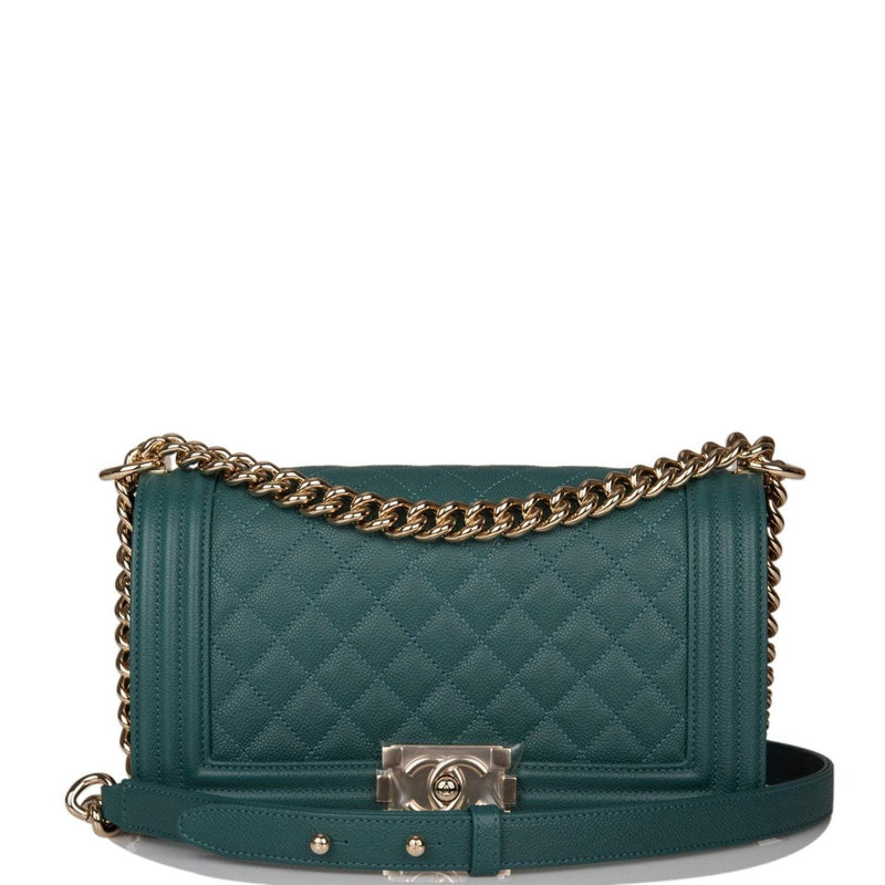 Chanel Green Quilted Caviar Medium Boy Bag Light Gold Hardware