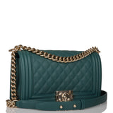 Chanel Green Quilted Caviar Medium Boy Bag Light Gold Hardware