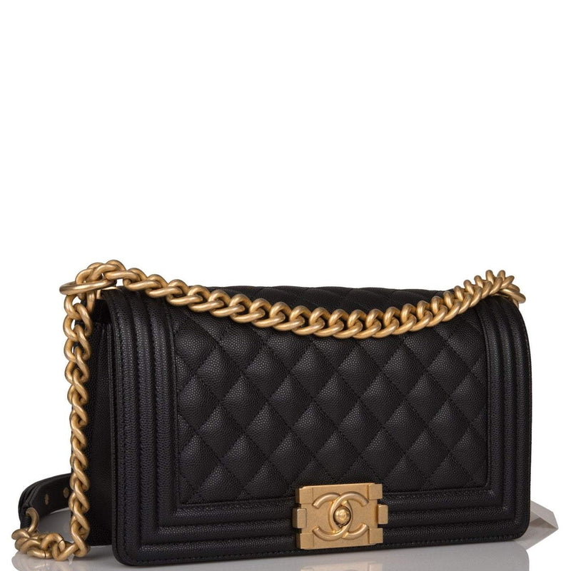 Chanel Black Quilted Caviar Medium Boy Bag Antique Gold Hardware