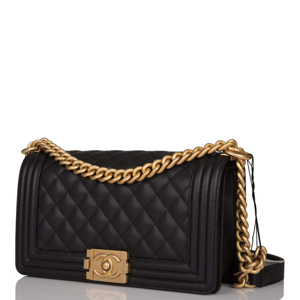 Chanel Black Quilted Caviar Medium Boy Bag Antique Gold Hardware