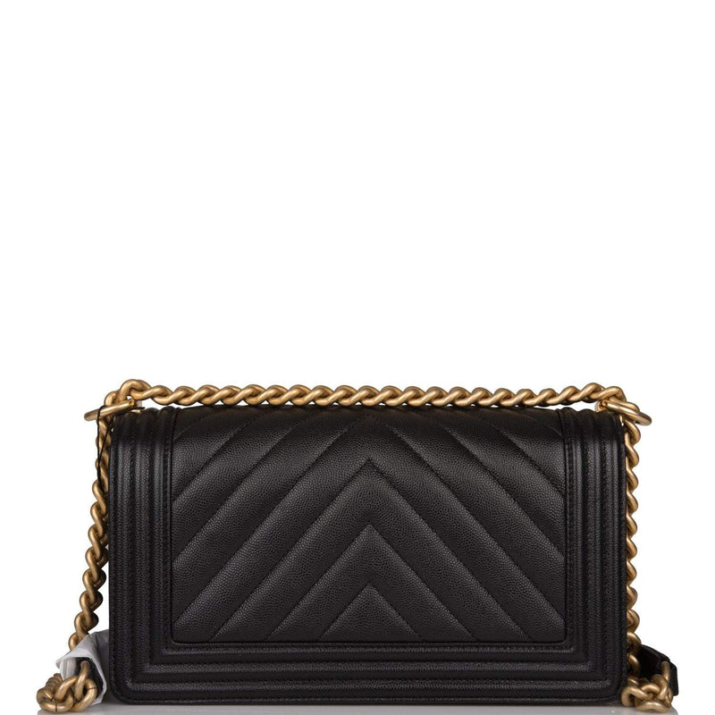 Chanel Medium Boy Bag Black Chevron Caviar Antique Gold Hardware