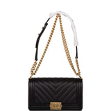 Chanel Medium Boy Bag Black Chevron Caviar Antique Gold Hardware