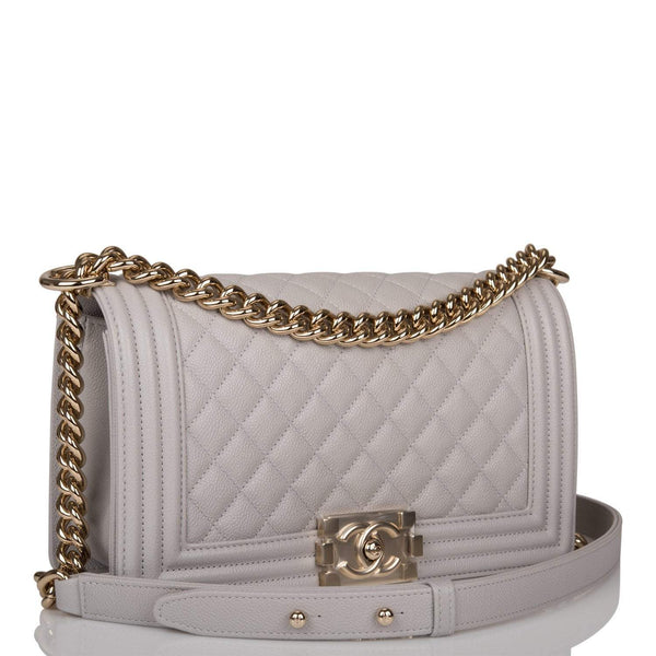 Chanel Medium Boy Bag Grey Quilted Caviar Light Gold Hardware