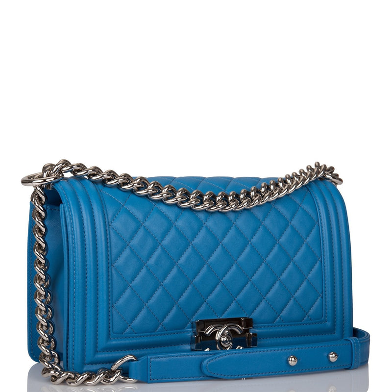 Chanel Medium Boy Bag Blue Calfskin Silver Hardware