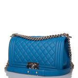 Chanel Medium Boy Bag Blue Calfskin Silver Hardware