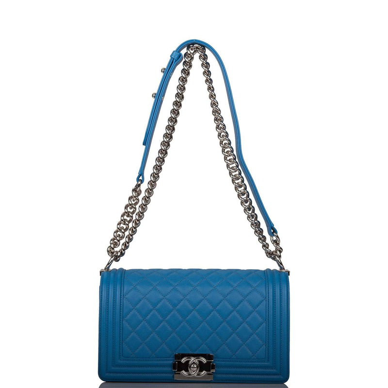 Chanel Medium Boy Bag Blue Calfskin Silver Hardware