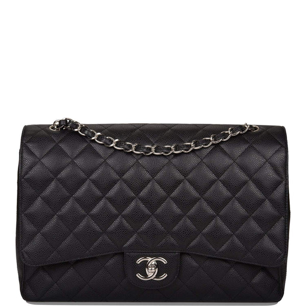 Chanel Black Quilted Caviar Maxi Classic Double Flap Bag Silver Hardware