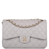 Chanel Light Grey Quilted Caviar Jumbo Classic Double Flap Bag Light Gold Hardware