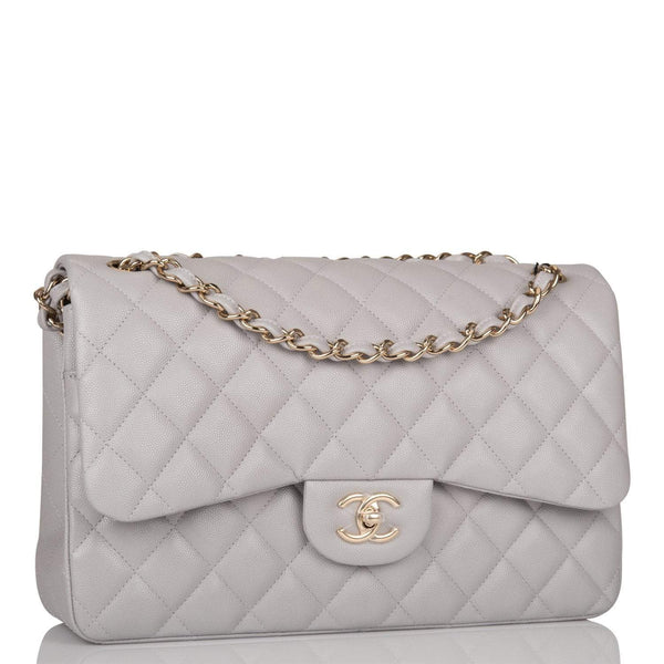 Chanel Light Grey Quilted Caviar Jumbo Classic Double Flap Bag Light Gold Hardware