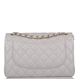 Chanel Light Grey Quilted Caviar Jumbo Classic Double Flap Bag Light Gold Hardware