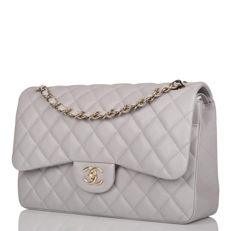 Chanel Light Grey Quilted Caviar Jumbo Classic Double Flap Bag Light Gold Hardware