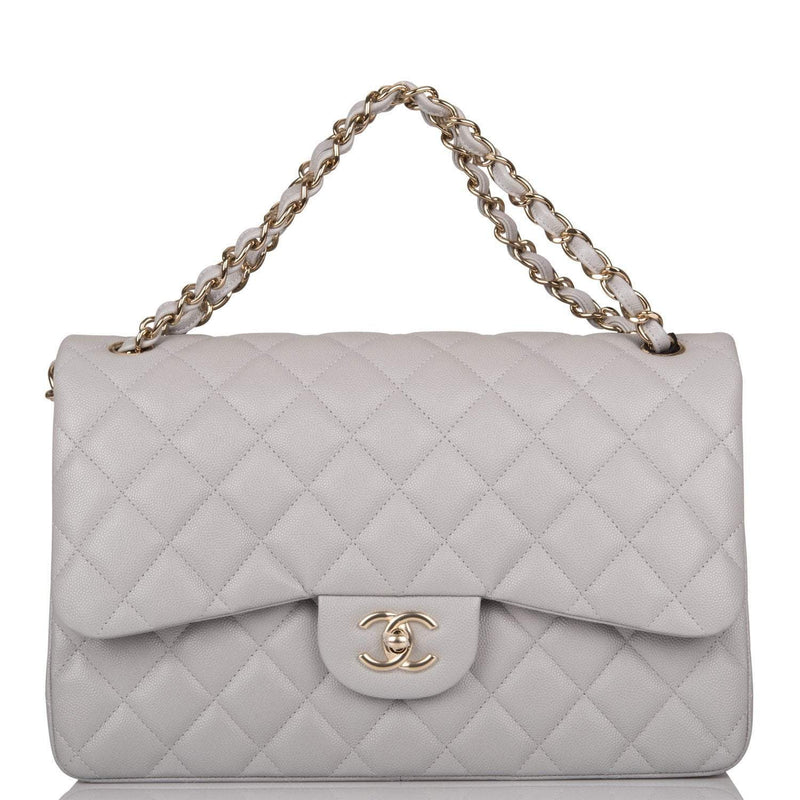 Chanel Light Grey Quilted Caviar Jumbo Classic Double Flap Bag Light Gold Hardware