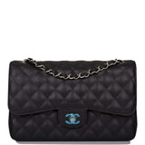 Chanel Black Quilted Caviar Jumbo Classic Double Flap Bag Silver Hardware