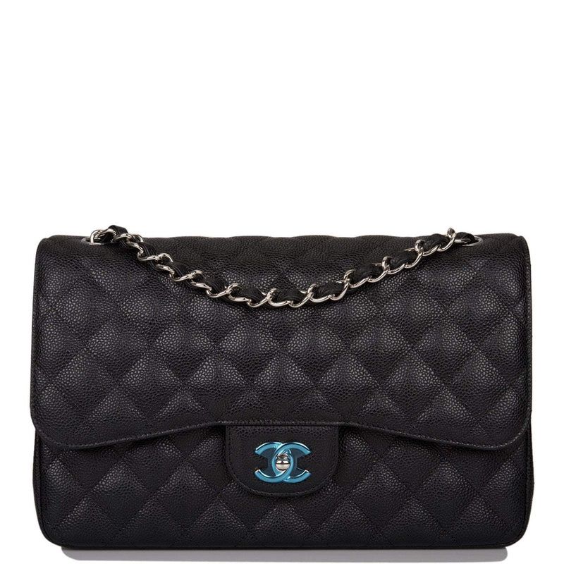 Chanel Black Quilted Caviar Jumbo Classic Double Flap Bag Silver Hardware