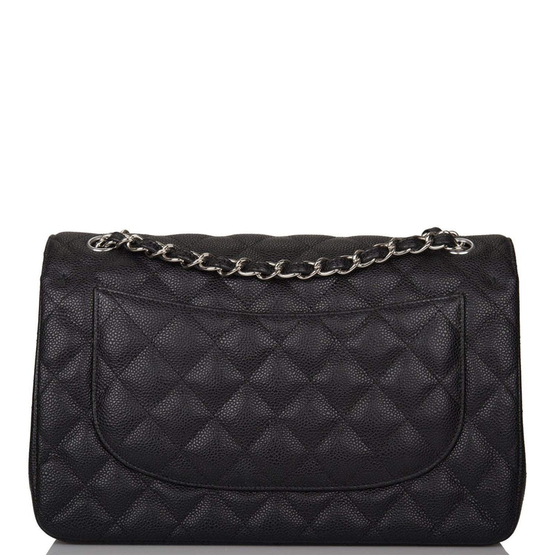 Chanel Black Quilted Caviar Jumbo Classic Double Flap Bag Silver Hardware