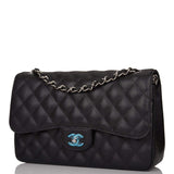 Chanel Black Quilted Caviar Jumbo Classic Double Flap Bag Silver Hardware