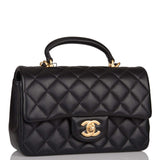 Chanel Black Quilted Lambskin Rectangular Mini Flap Bag with Top Handle Antique Gold Hardware