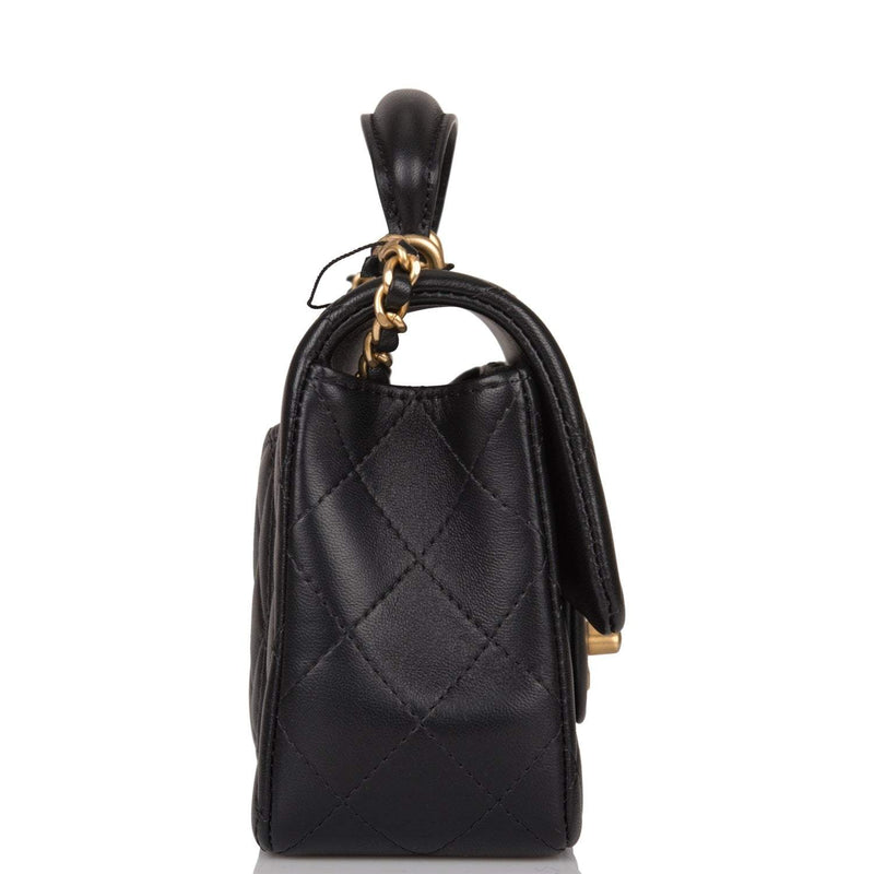 Chanel Black Quilted Lambskin Rectangular Mini Flap Bag with Top Handle Antique Gold Hardware