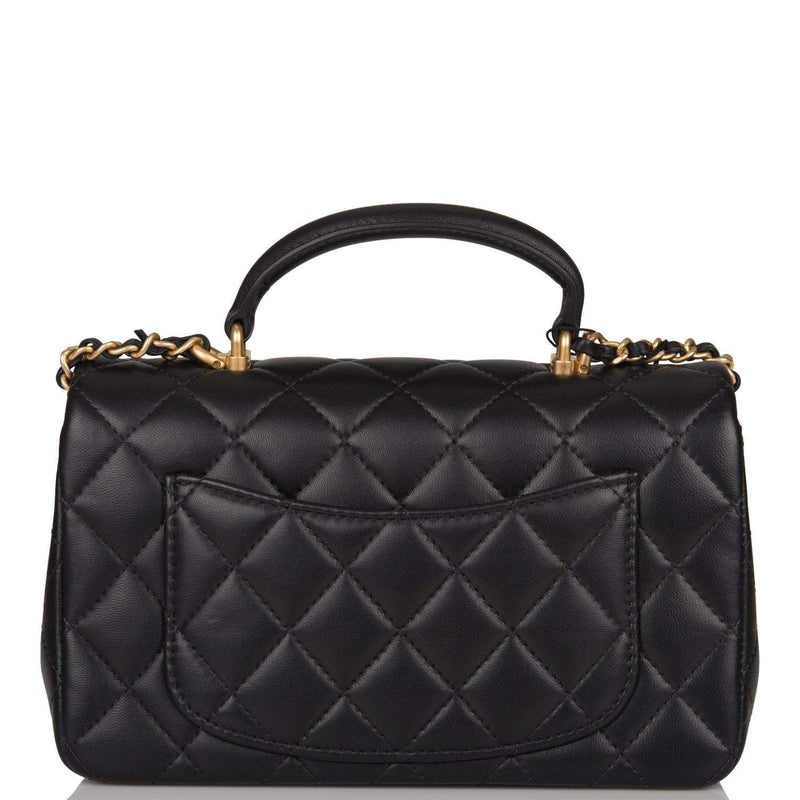 Chanel Black Quilted Lambskin Rectangular Mini Flap Bag with Top Handle Antique Gold Hardware