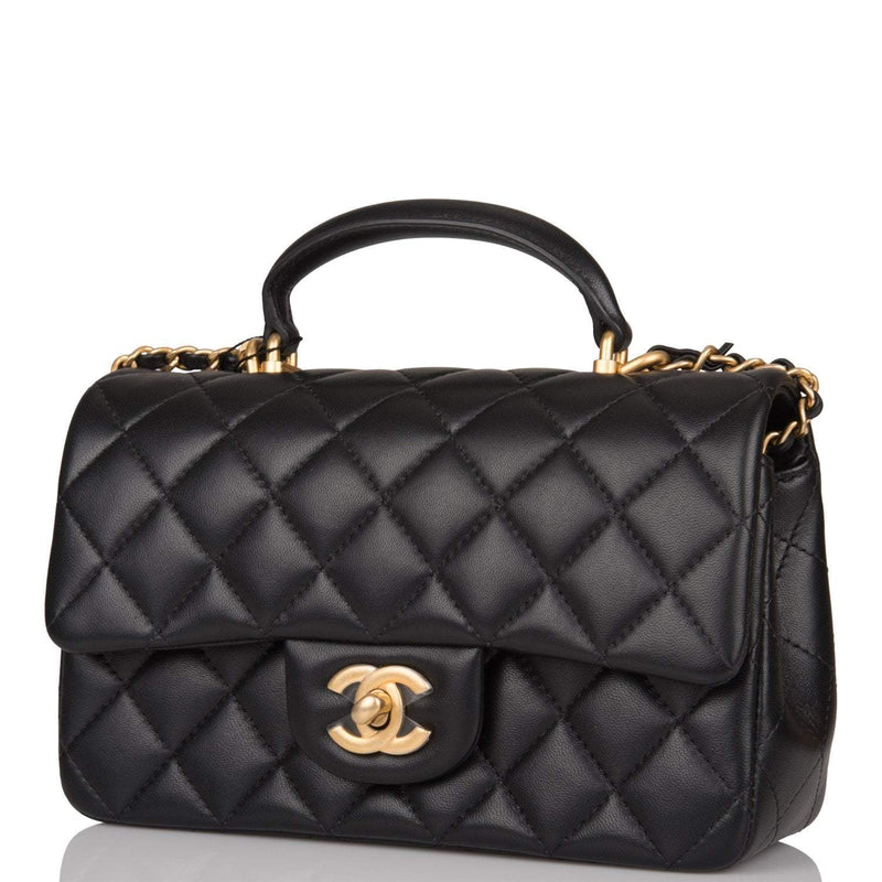 Chanel Black Quilted Lambskin Rectangular Mini Flap Bag with Top Handle Antique Gold Hardware