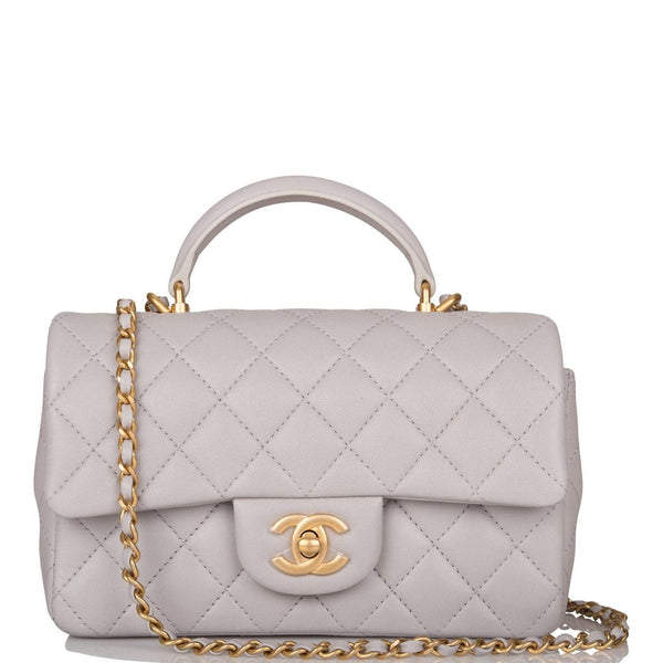 Chanel Grey Quilted Lambskin Rectangular Mini Flap Bag with Top Handle Antique Gold Hardware