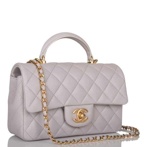 Chanel Grey Quilted Lambskin Rectangular Mini Flap Bag with Top Handle Antique Gold Hardware