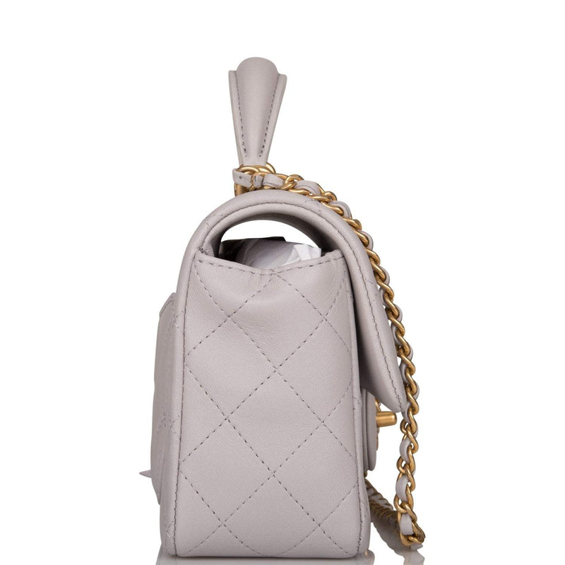 Chanel Grey Quilted Lambskin Rectangular Mini Flap Bag with Top Handle Antique Gold Hardware