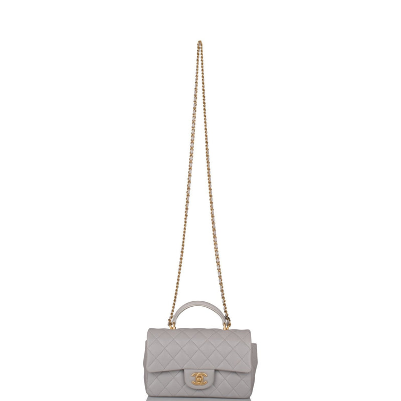 Chanel Grey Quilted Lambskin Rectangular Mini Flap Bag with Top Handle Antique Gold Hardware