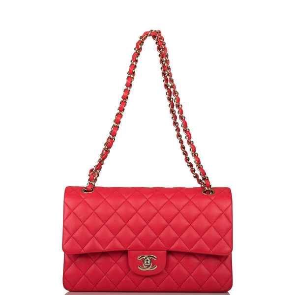 Chanel Medium Classic Double Flap Bag Red Quilted Caviar Light Gold Hardware