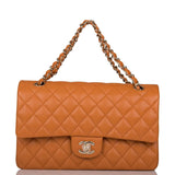 Chanel Caramel Brown Quilted Caviar Medium Classic Double Flap Bag Light Gold Hardware