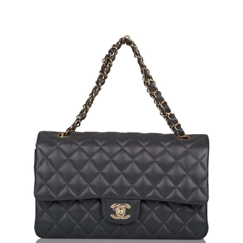 Chanel Medium Classic Double Flap Bag Dark Grey Caviar Light Gold Hardware