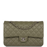 Chanel Green Quilted Lambskin Medium Classic Double Flap Bag Silver Hardware