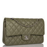 Chanel Green Quilted Lambskin Medium Classic Double Flap Bag Silver Hardware