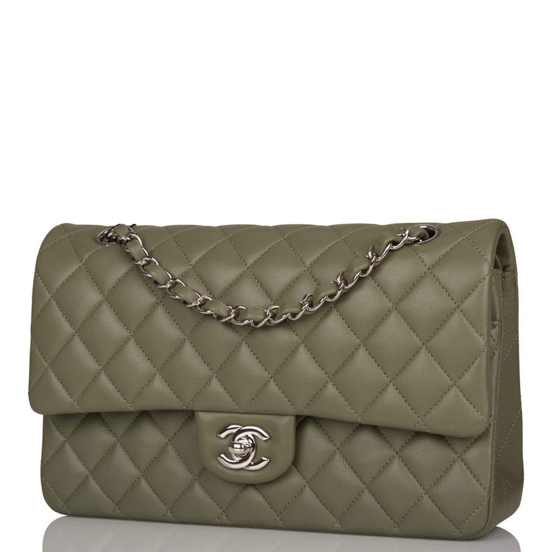 Chanel Green Quilted Lambskin Medium Classic Double Flap Bag Silver Hardware