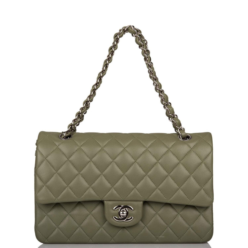 Chanel Green Quilted Lambskin Medium Classic Double Flap Bag Silver Hardware