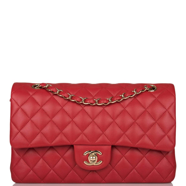 Chanel Medium Classic Double Flap Bag Red Lambskin Light Gold Hardware