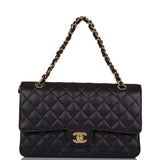 Chanel Black Quilted Caviar Medium Classic Double Flap Bag Gold Hardware