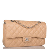 Chanel Medium Classic Double Flap Bag Beige Quilted Caviar Silver Hardware