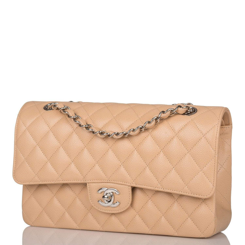 Chanel Medium Classic Double Flap Bag Beige Quilted Caviar Silver Hardware