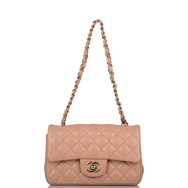 Chanel Beige Quilted Lambskin Rectangular Mini Classic Flap Bag Light Gold Hardware