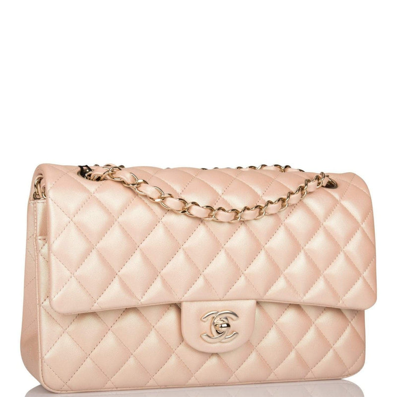 Chanel Medium Classic Double Flap Bag Beige Iridescent Calfskin Light Gold Hardware