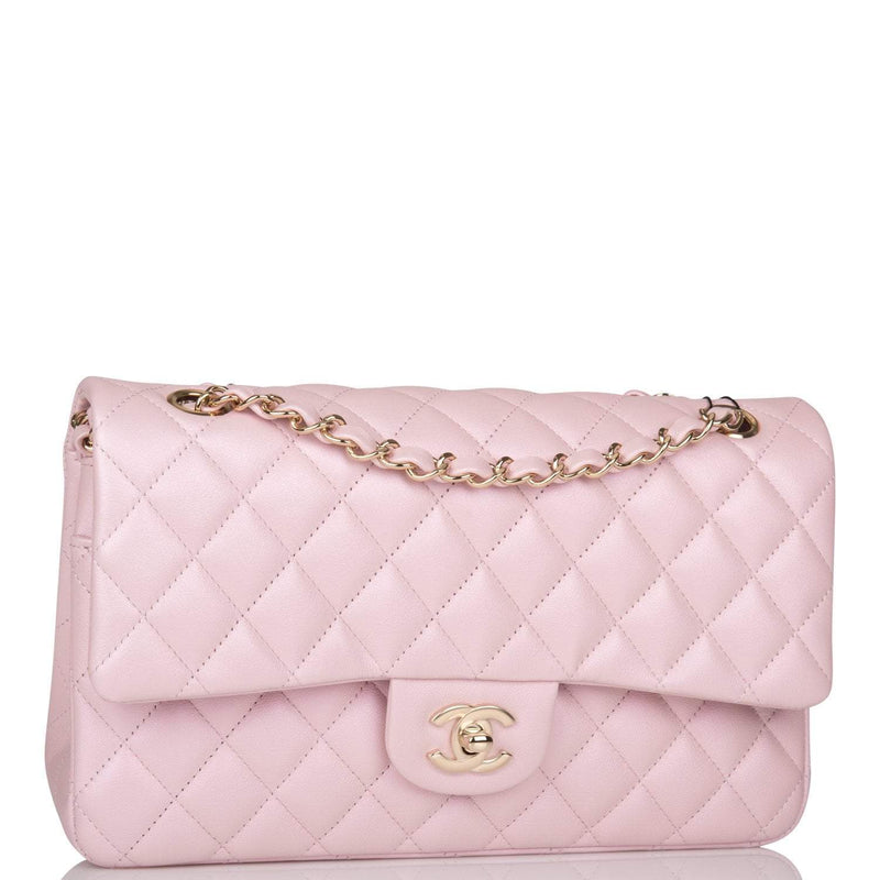 Chanel Medium Classic Double Flap Bag Pink Iridescent Lambskin Light Gold Hardware