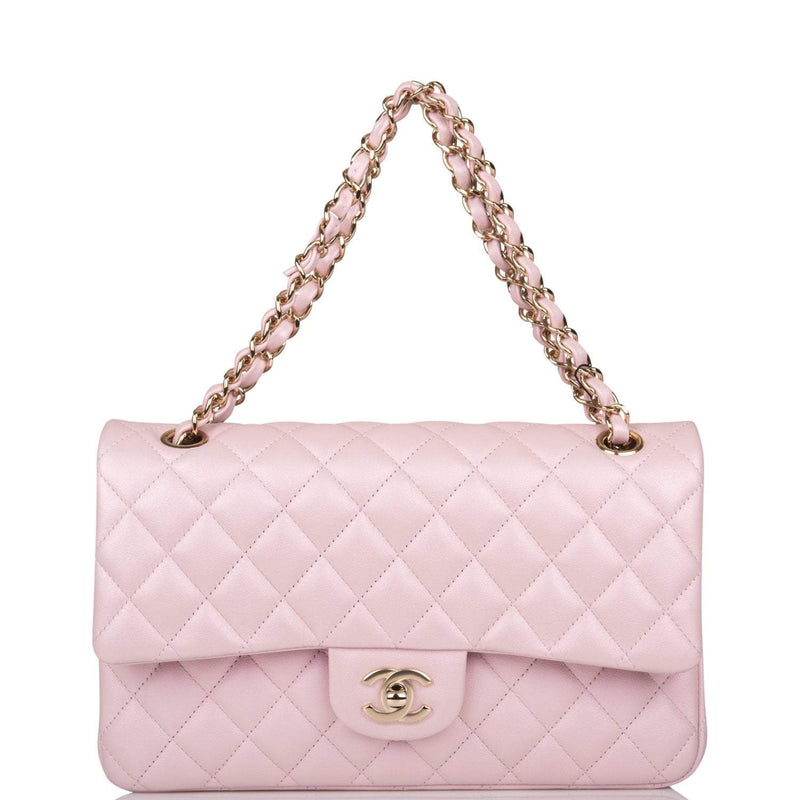 Chanel Medium Classic Double Flap Bag Pink Iridescent Lambskin Light Gold Hardware