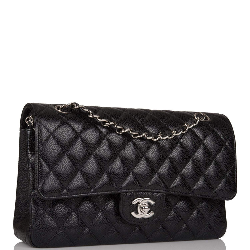 Chanel  Medium Classic Double Flap Bag Black Quilted Caviar Silver Hardware