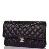 Chanel  Medium Classic Double Flap Bag Black Quilted Caviar Silver Hardware