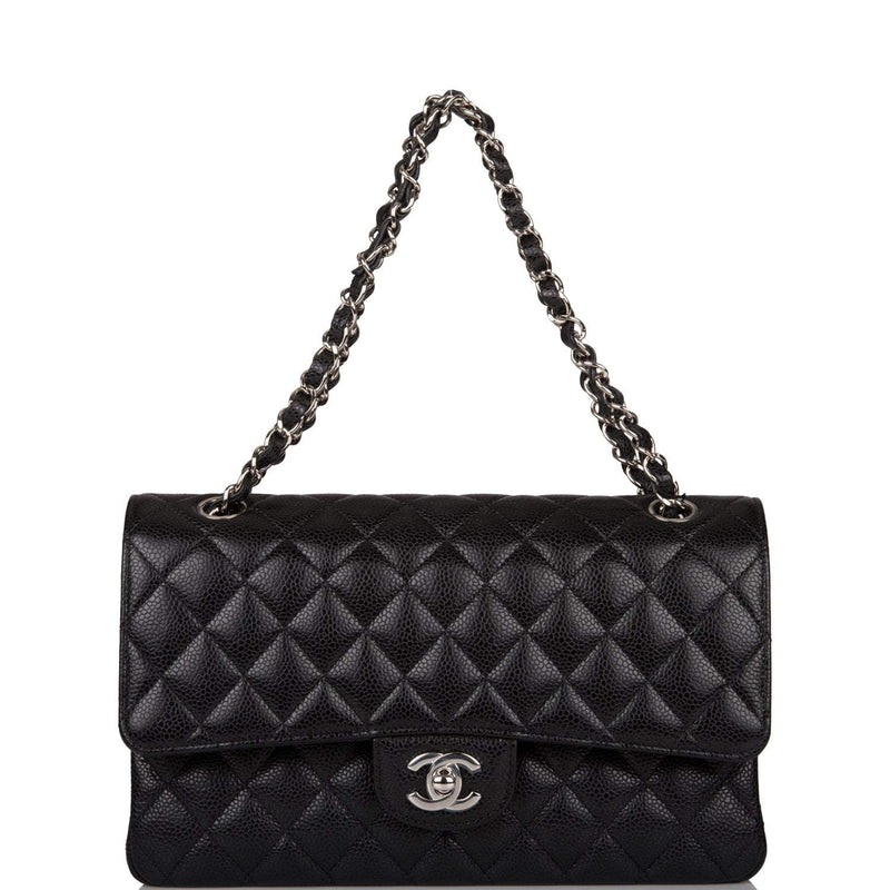 Chanel  Medium Classic Double Flap Bag Black Quilted Caviar Silver Hardware