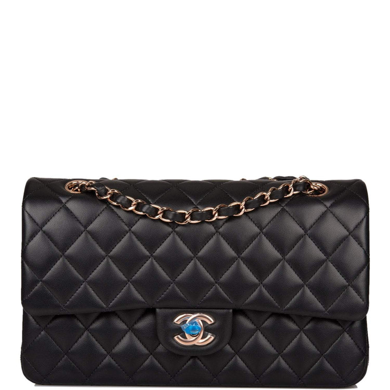 Chanel Medium Classic Double Flap Bag Black Quilted Lambskin Rose Gold Hardware